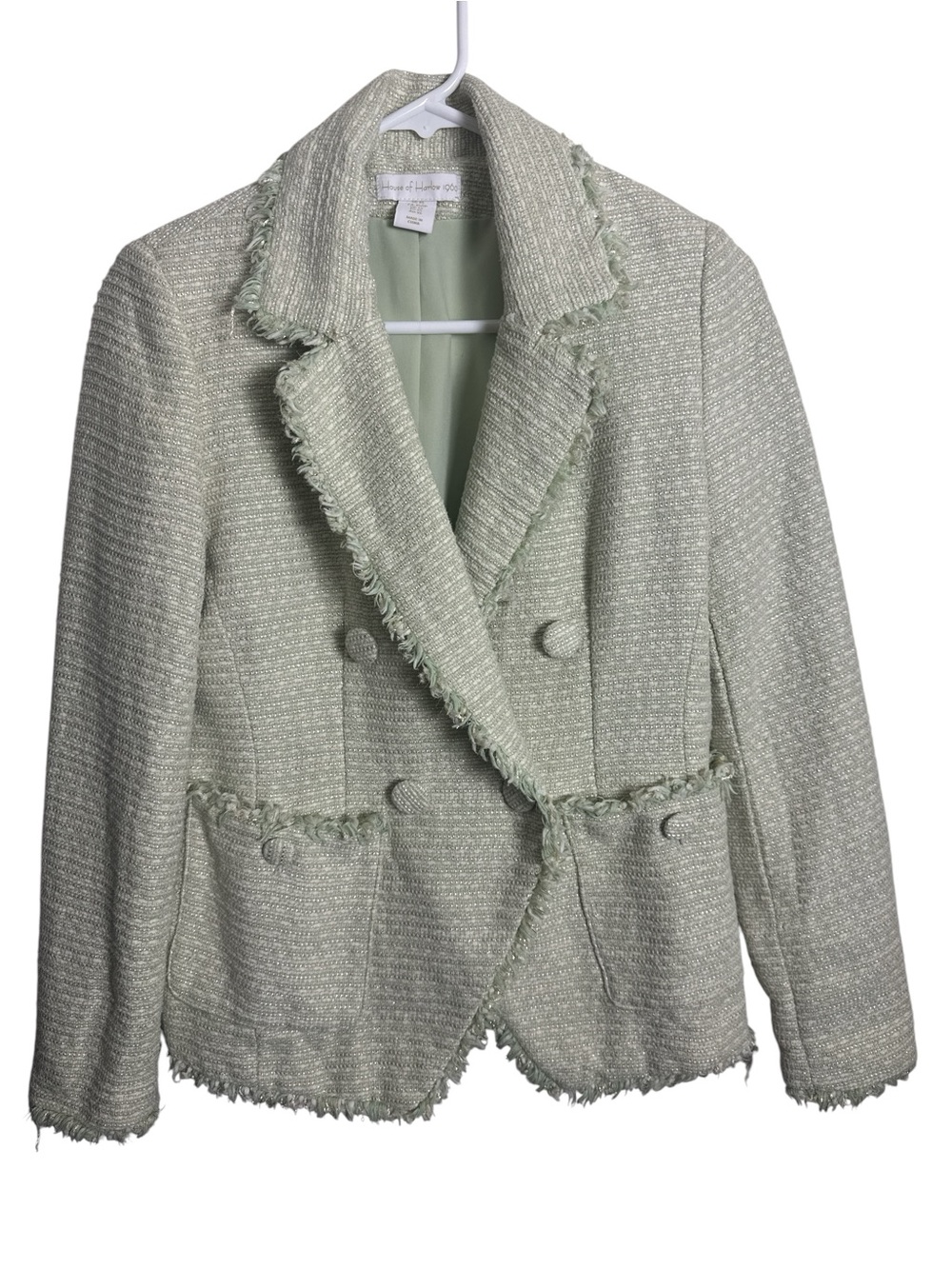 House of Harlow 1960 Double-Breasted Metallic Tweed Fringe Blaze Sage Green S